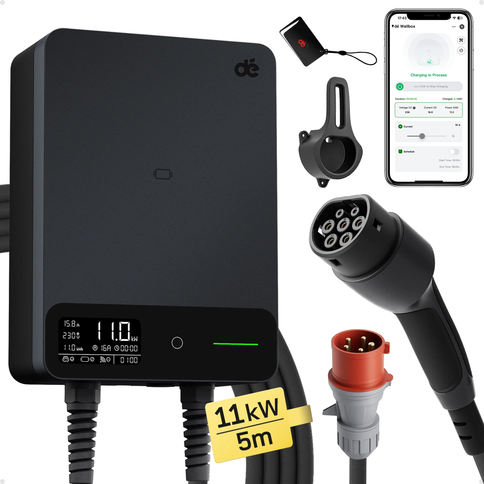 dé Wallbox Typ 2 11kW 16A 3-Phasen-Ladestation mit Tuya Smart App-Steuerung für Elektrofahrzeuge, 5m 7,5m 10m 12,5m 15m EV-Ladekabel