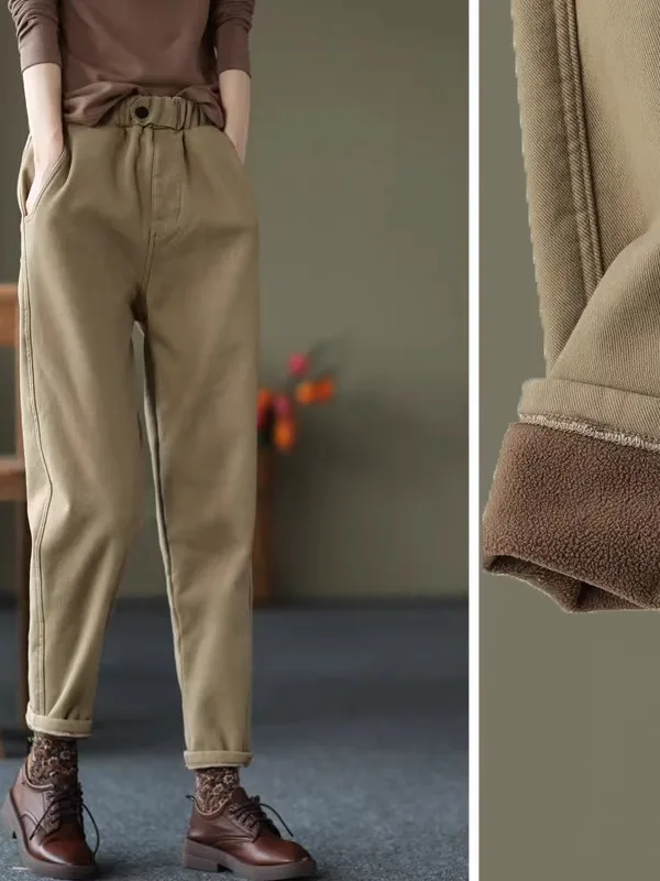 

Thickened Cotton Linen Fleece Lined Small Footed Harlan Pants Women's Autumn Winter Casual Trousers High Waist Pocket Design