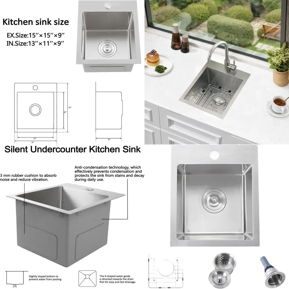 

15x15 Inch Drop-In Bar Sink, Brushed Nickel Stainless Steel, Topmount for Small RV Kitchens, Wet Bars, Outdoor Yards with Dish G