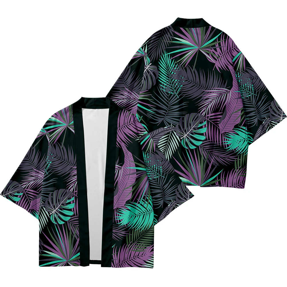 

Men and women Japanese kimono traditional art tropical plant printing casual loose thin coat Asian kimono cardigan 2