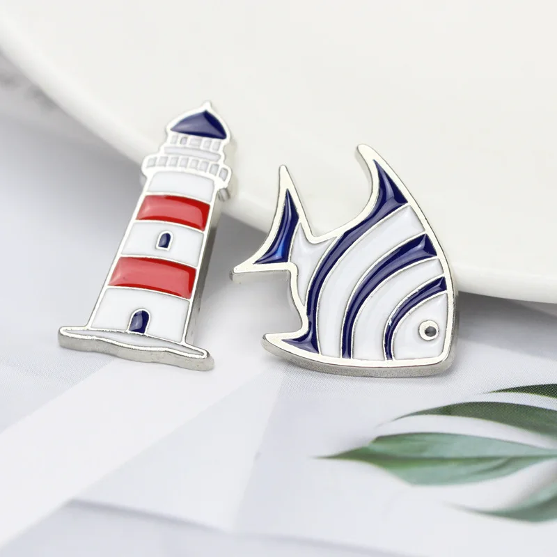 Navy Style Badge Cartoon Tropical Fish Metal Brooch Creative Sailboat Lighthouse Rudder Beacon Brooch Lapel Pin Small Gift Kids