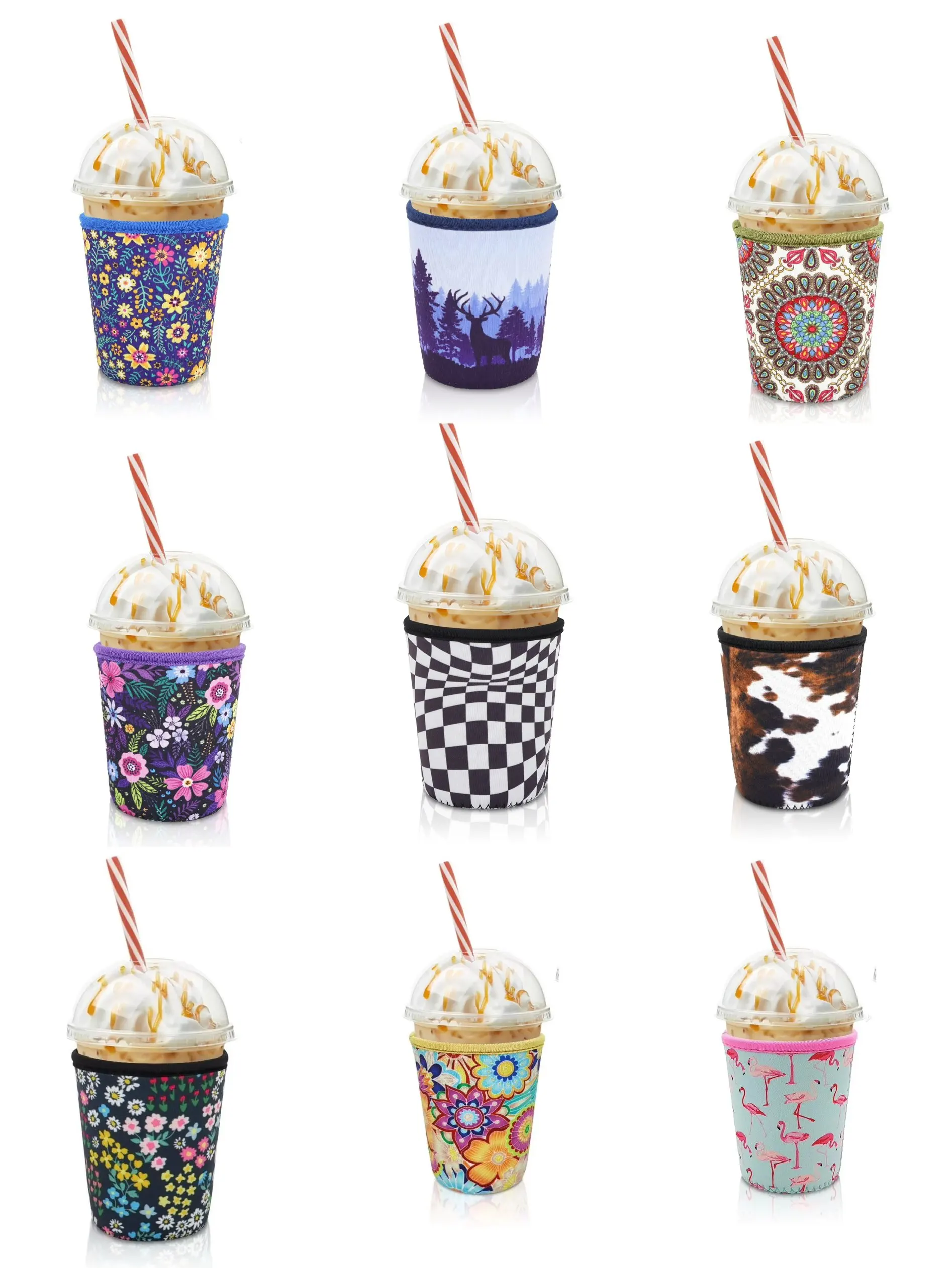 Funda reutilizable para café helado, aislante para bebidas frías y soporte de neopreno para la mayoría de tazas de café de 16-18 onzas.