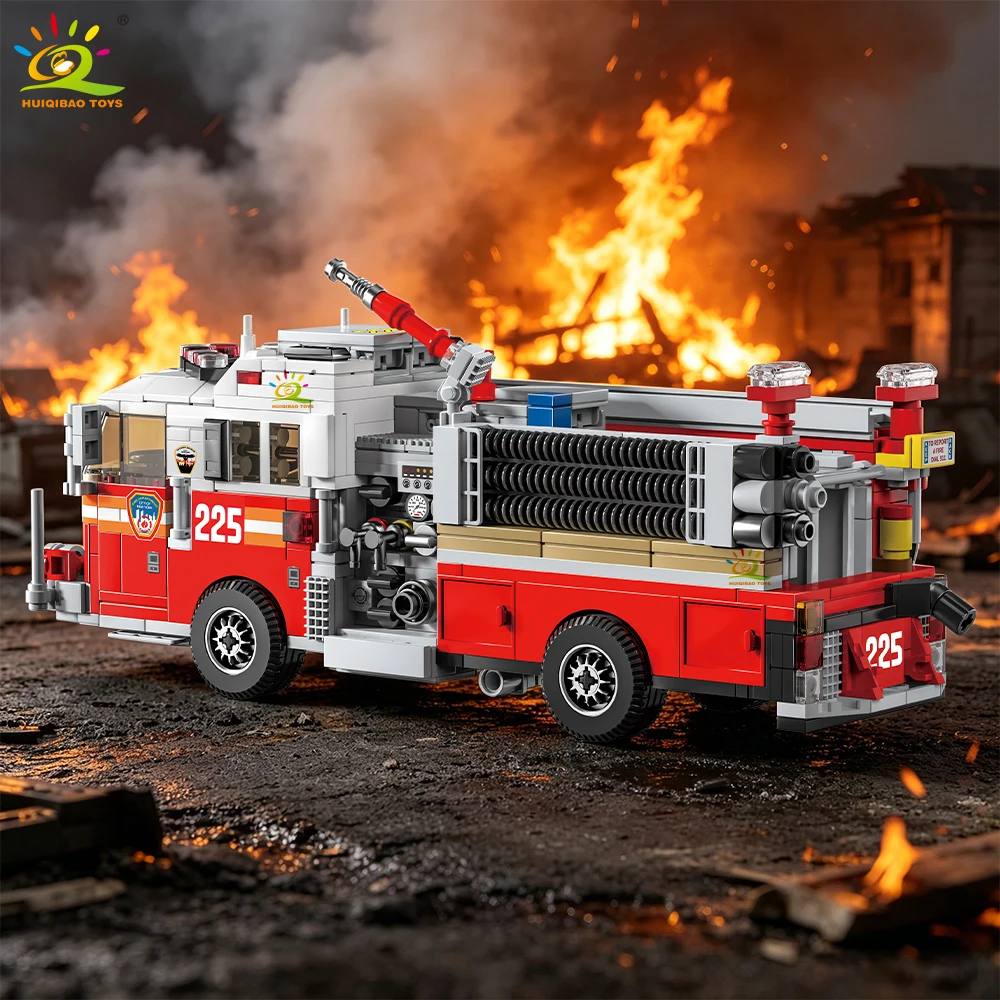 HUIQIBAO 1052pcs MOC Fire Engine Truck Model Building Blocks Fire fighting Car Bricks set City Educational Toy For Children Gift