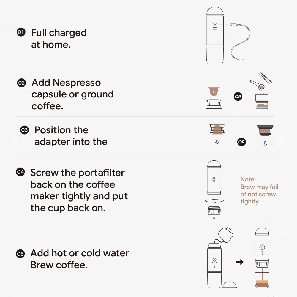 ماكينة قهوة اسبريسو محمولة لاسلكية 19 بار تسخين تلقائي مناسب كبسولة وصانع قهوة أرضي للسفر لمكتب التخييم