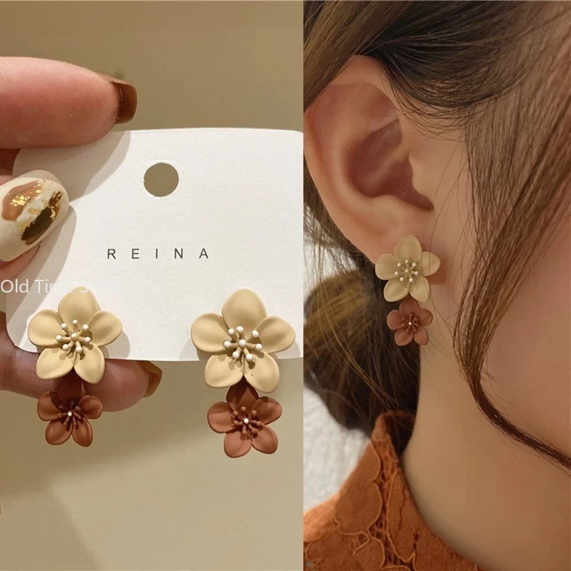 Brown Two Color Flower Drop Dangle Earrings for Women Korean Fashion Jewelry Wedding Party Girl Elegant Jewelry Accessories