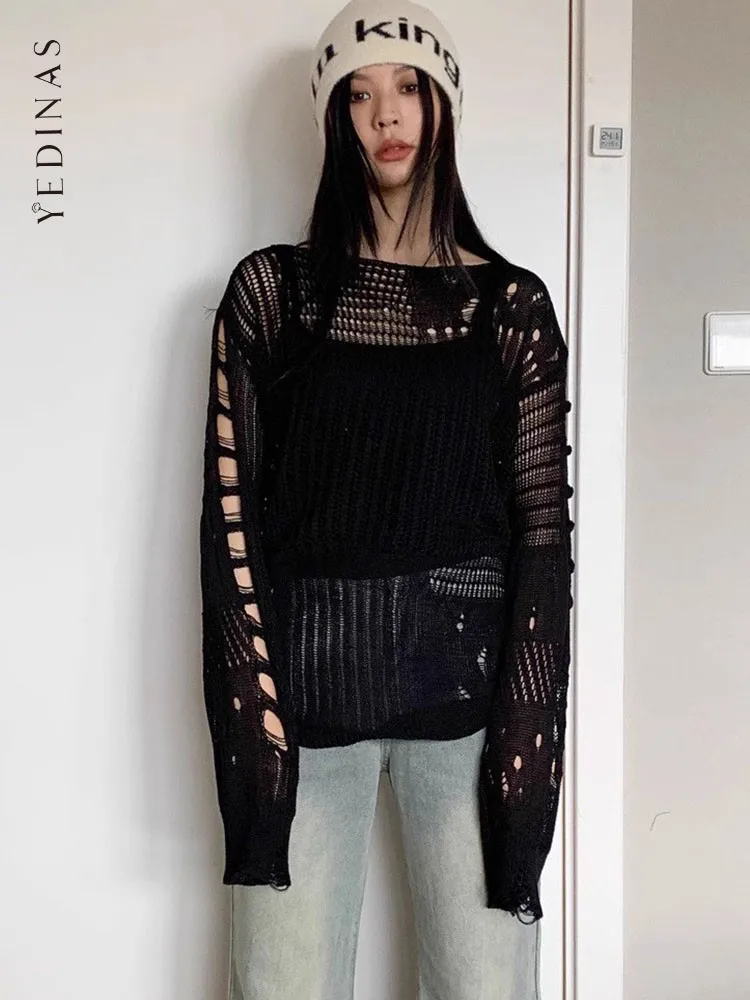 Yedinas Sheer Hollow Out Thin Sweater Women Clothes Knitted Tops Korean Fashion Spring 2024 Ladies Tops Pullovers Gothic Y2k