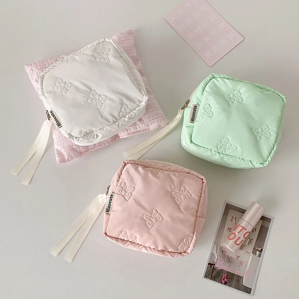 Ins Style Small Bow Embossed Makeup Bag Portable Mini Cosmetic Pouch Cute Zipper Coin Purse Lipstick Card Storage Bag