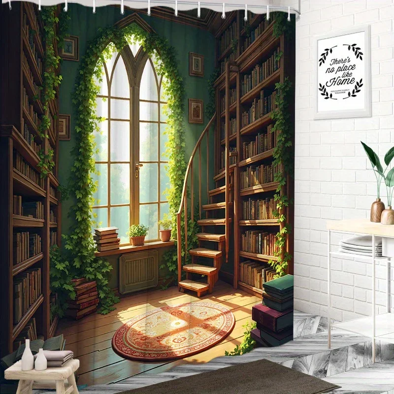 YX1pc Whimsical Library Shower Curtain - Spiral Staircase, Wooden Shelves, Lush Greenery, 70.8x70.8