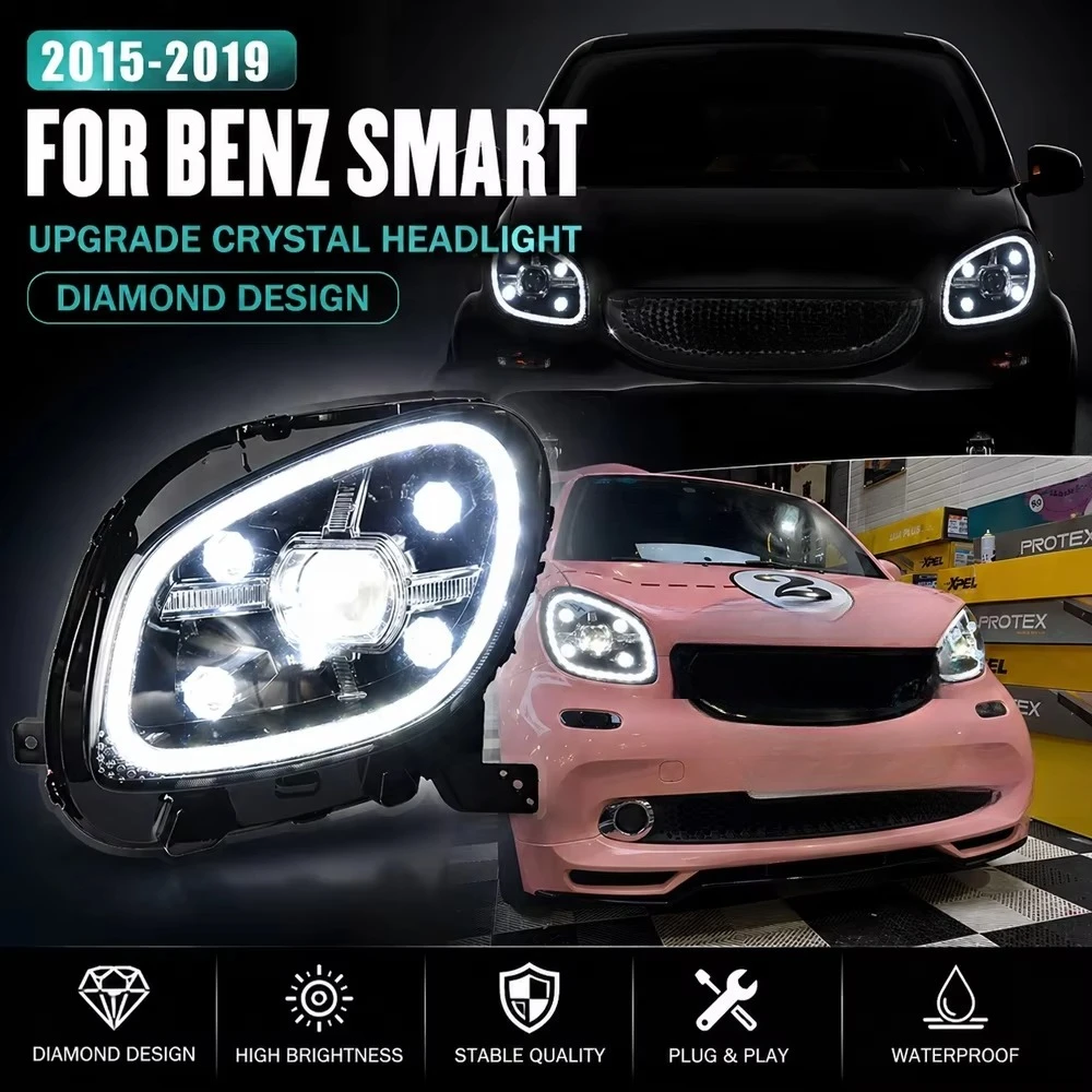 Car Light for Benz Smart 2015-2019 LED Auto Headlight Assembly Upgrade Diamond Crystal Bifocal Lens Front Lamp Accessories
