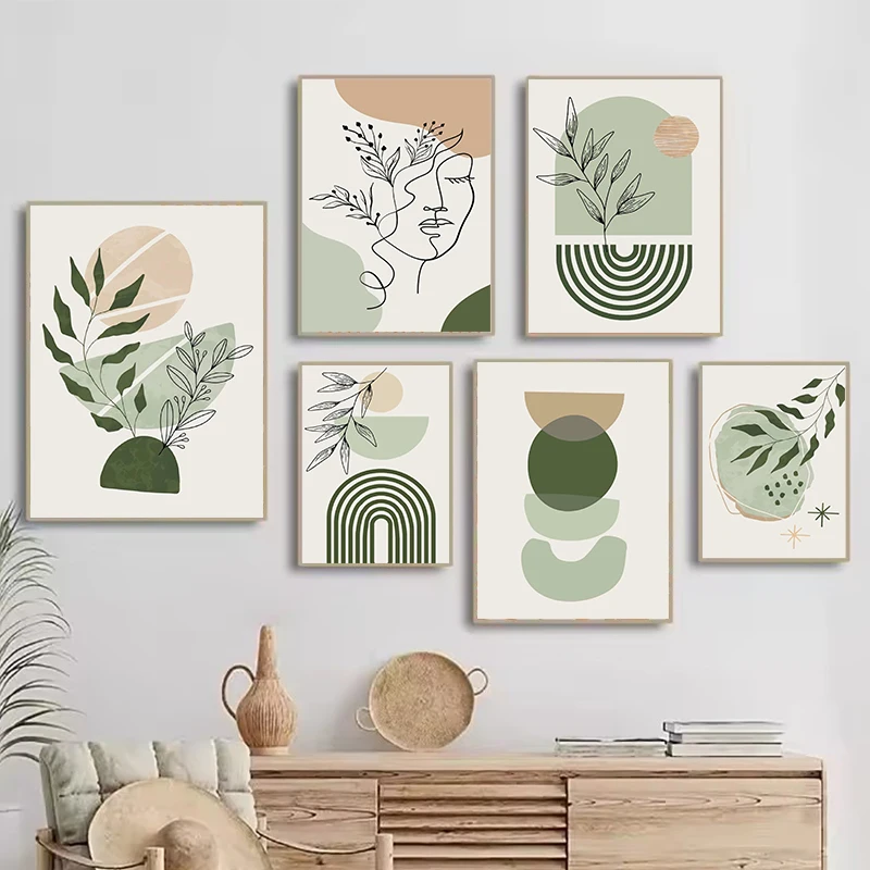 Boho Salbeigrüne Pflanzen Nordische Kunstposter Abstrakte Geometrische Wandkunst Leinwanddruck Poster Wohnzimmer Heimdekoration