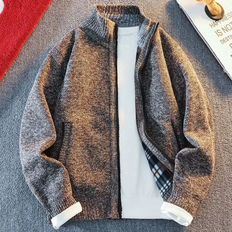 Men's Winter Fleece Lined Stand Collar Zipper Knit Cardigan Trendy Casual Warm Sweater Jacket