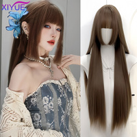 32Inch Honey Tea Flax Synthetic Wigs With Bang Long Natural Straight Hair Wig for Women Hime Cut Cosplay Heat Resistant