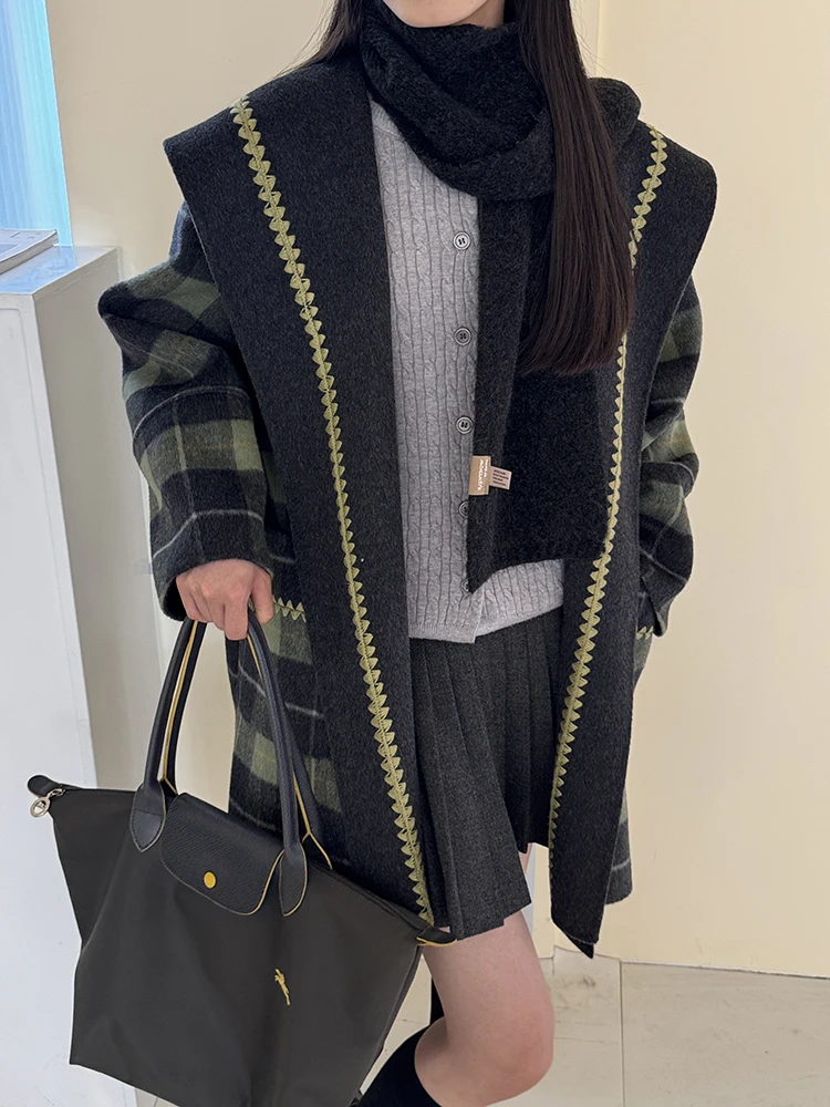 Chaquetas de mezcla de lana de Alpaca para mujer de oficina, abrigos cortos de lana holgados con cuello grande a cuadros y cordones para otoño e invierno, 2025