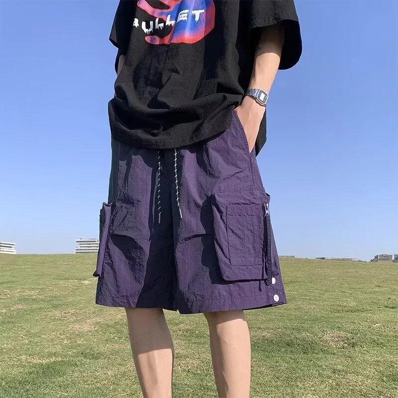 Summer Casual Purple Cargo Shorts Men High Street Drawstring Pocket Baggy Short Sweatpants Y2K Hip Hop Bermudas Homme Shorts