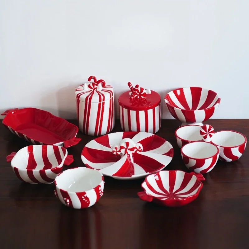 Hand-painted Christmas candy-colored ceramic tableware, fruit plate, jar, three-grid plate, candy plate bowl