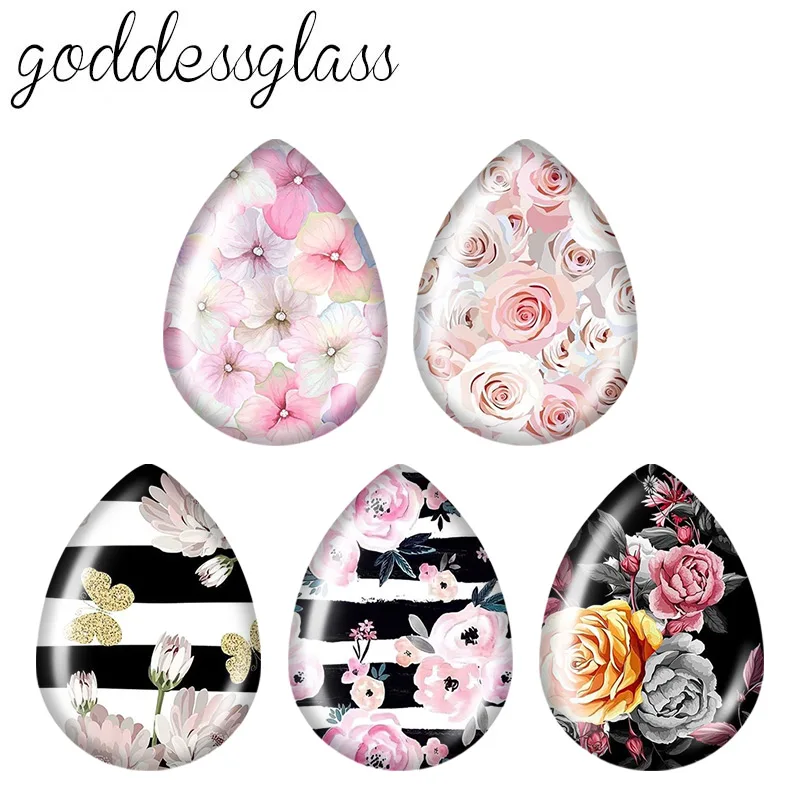 5pairs Beauty Red Rose Flowers Patterns teardrop shape Photo Glass cabochon flat back For DIY Jewelry base Making Findings