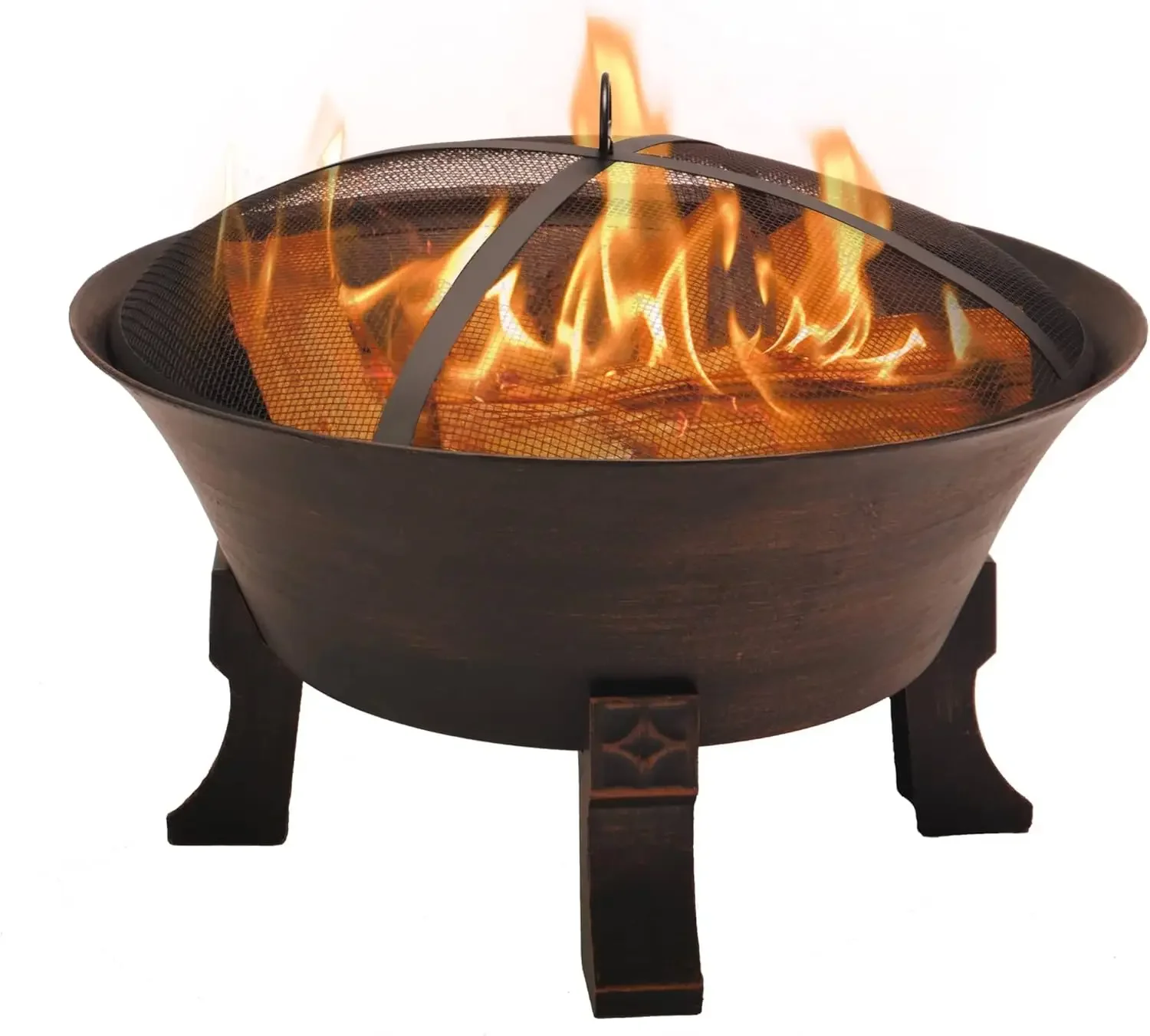 26-Inch Bronze Bowl Outdoor Fire Pit: Wood Burning with Cooking Grid, Weather Cover, Spark Screen, and Poker