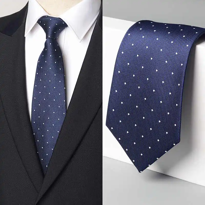 

High Quality Navy Blue White Dot Tie For Men's Business Banquet Temperament Shirt Accessories 9CM Wide Handmade Knotted Cravat