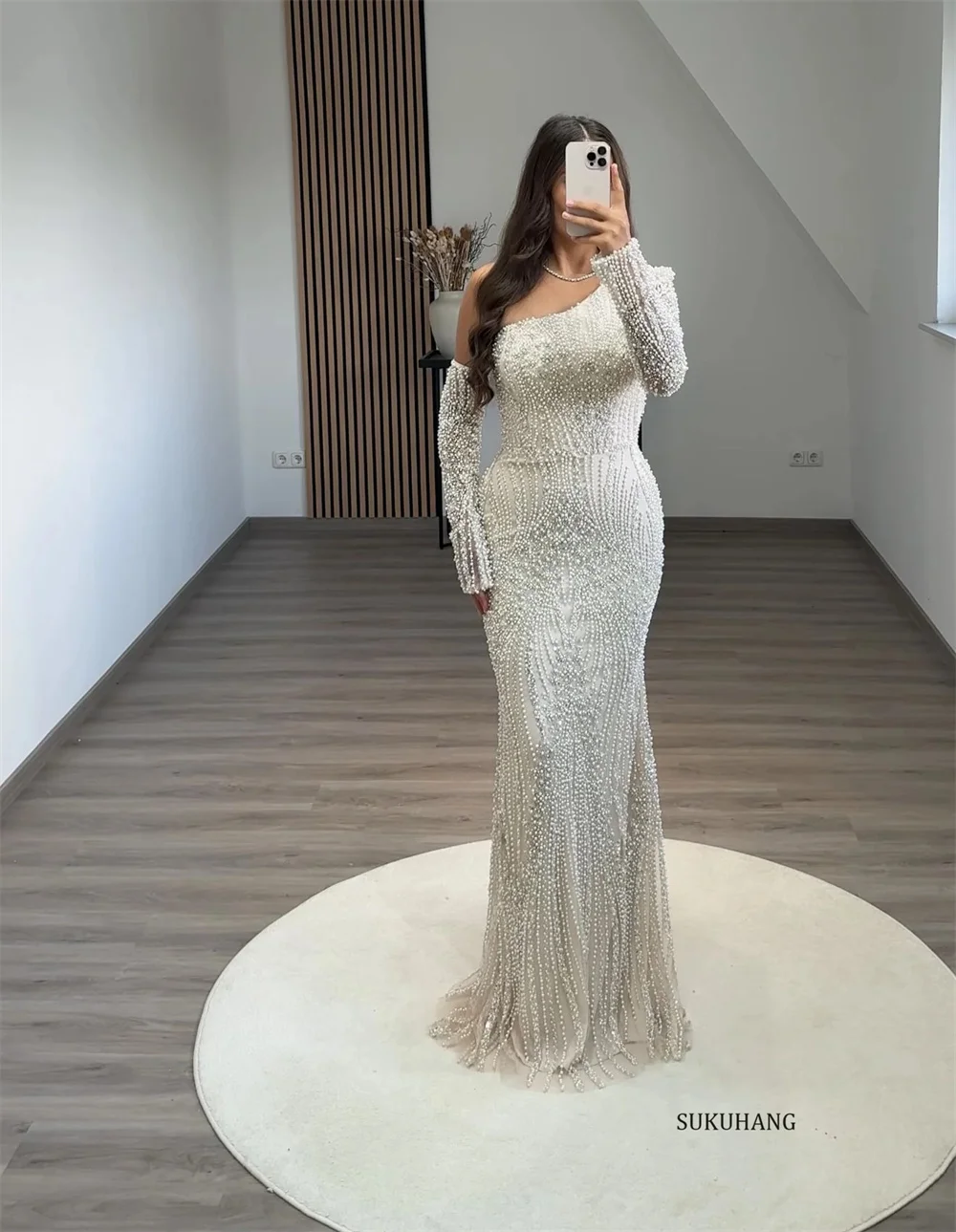 SUKUHANG Long Sleeve Dubai Beading Evening Dresses Mermaid Floor Length Wedding Party GownsCustomized