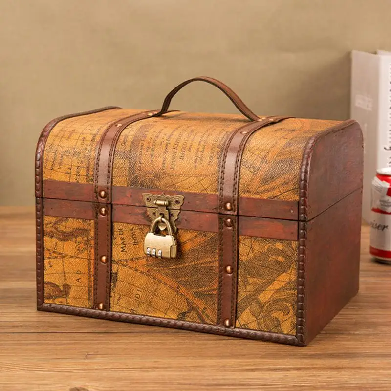 Retro Elegant Plywood Leather Pirate Jewelry Storage Box With Lock Vintage Treasure Chests For Organizer Home Decoration