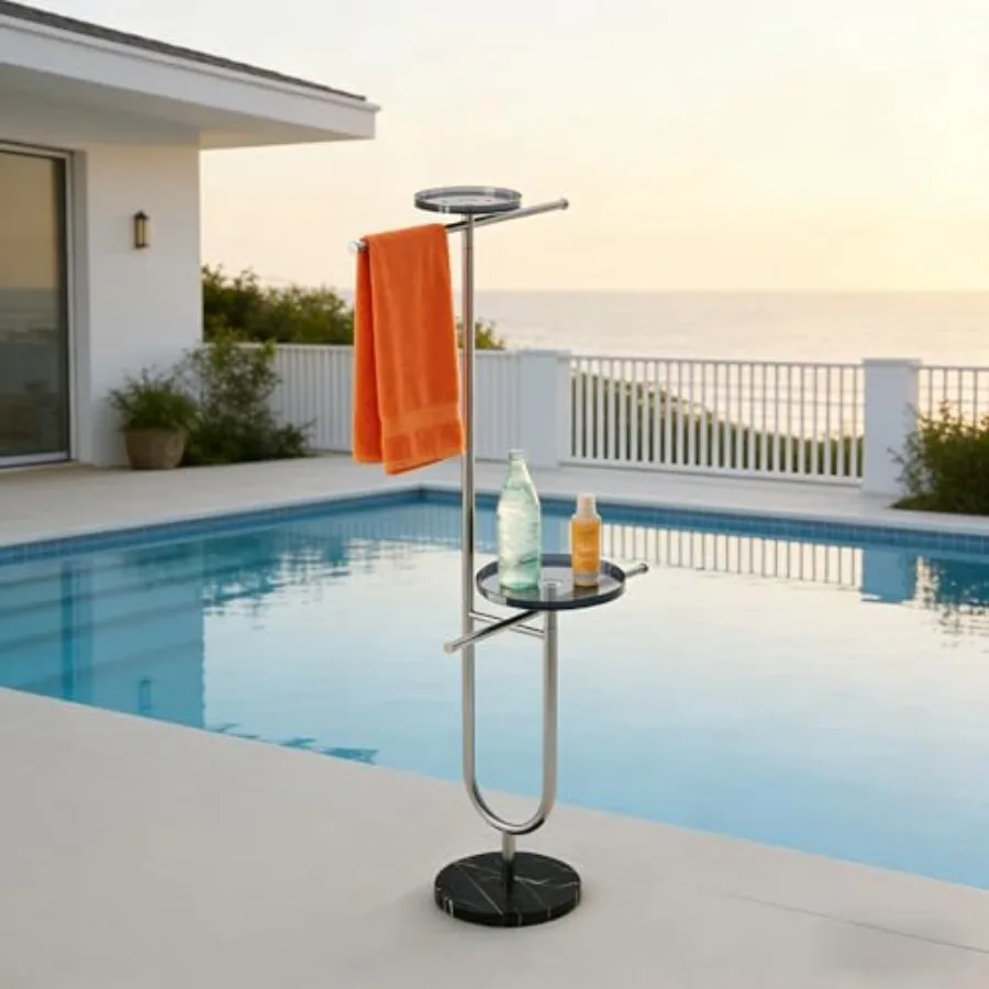 

Premium Standing Towel Rack with Marble Base Stainless Steel Polished Finish Indoor Outdoor Pool and Bathroom Accessory with Ac