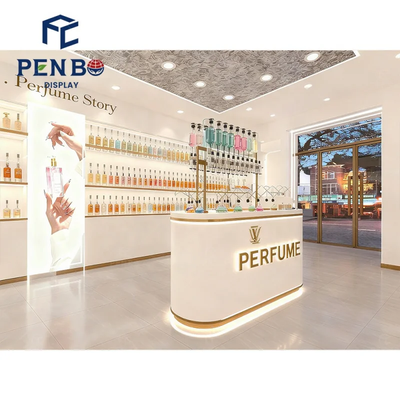 Custom.Luxuriöse weiße Duft-Parfüm-Shop-Vitrine mit Akzenten, hochwertige arabische Parfüm-Kiosk-Vitrine, Mall