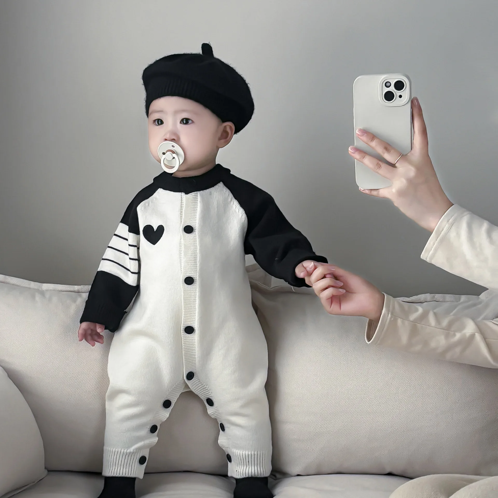 Fashionable Casual Color Blocked Simple Rompers Love Knitted Rompers Korean Spring and Autumnall-match Cute