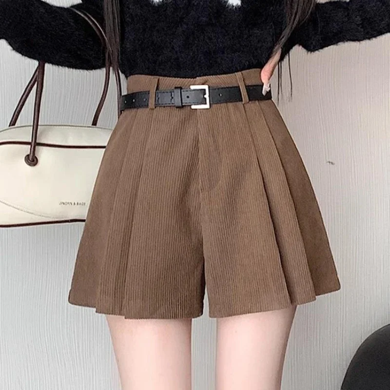 Corduroy Shorts Women Pleated Solid Autumn Winter High Waist Casual Trousers All-match Temperament Minimalist Female Seductive