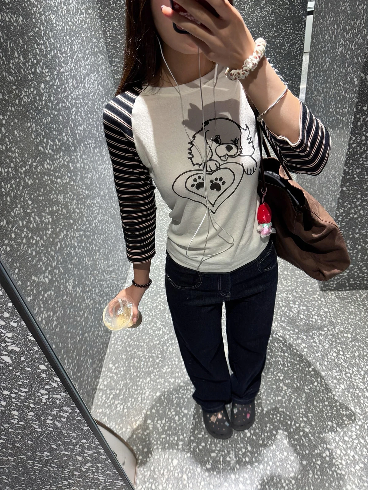 Slim Fit Striped T-Shirt Sakura Dog Illustration Print Shoulder Sleeve round Neck Seven Quarter Length Casual Style Women's Top