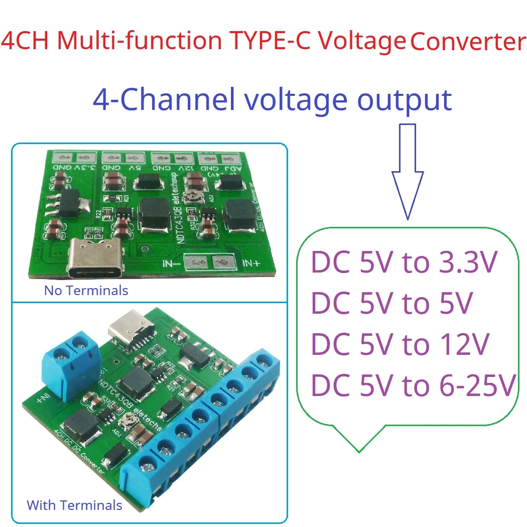 4CH 20W Adjustable Type-C DC-DC Boost LDO Buck Power Supply Voltage Converter for  ESP8266 Raspberry Pi Breadboard 3.3V 5V 12V