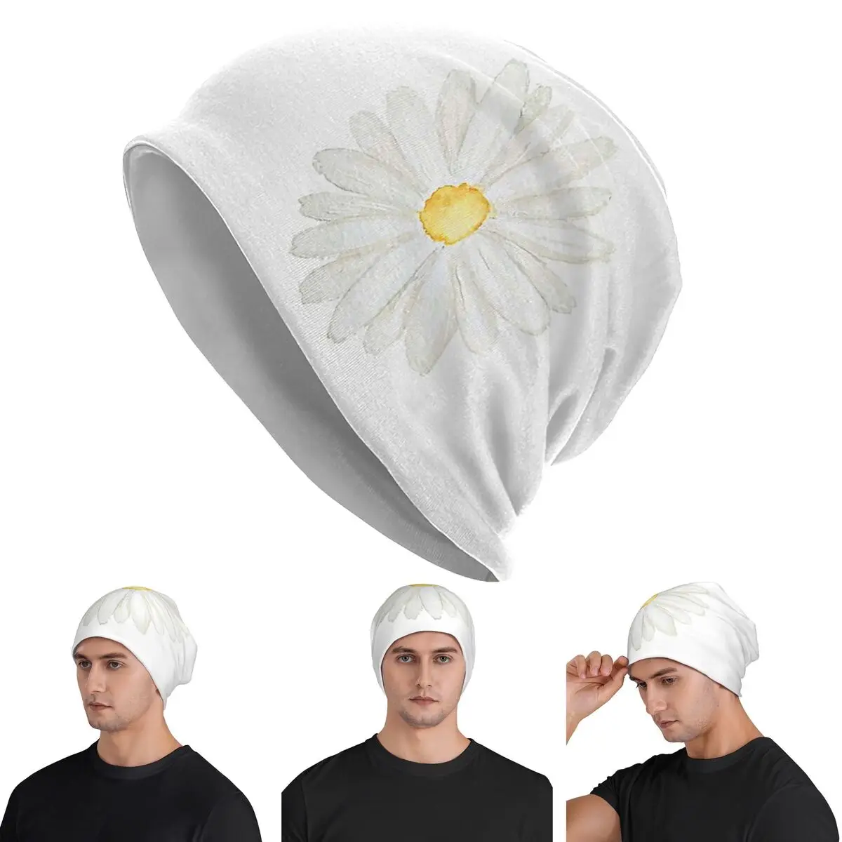 

Hand Painted One Little White Daisy Watercolor Skullies Beanies Hats Warm Autumn Winter Outdoor Cap Knitted Bonnet Caps Adult