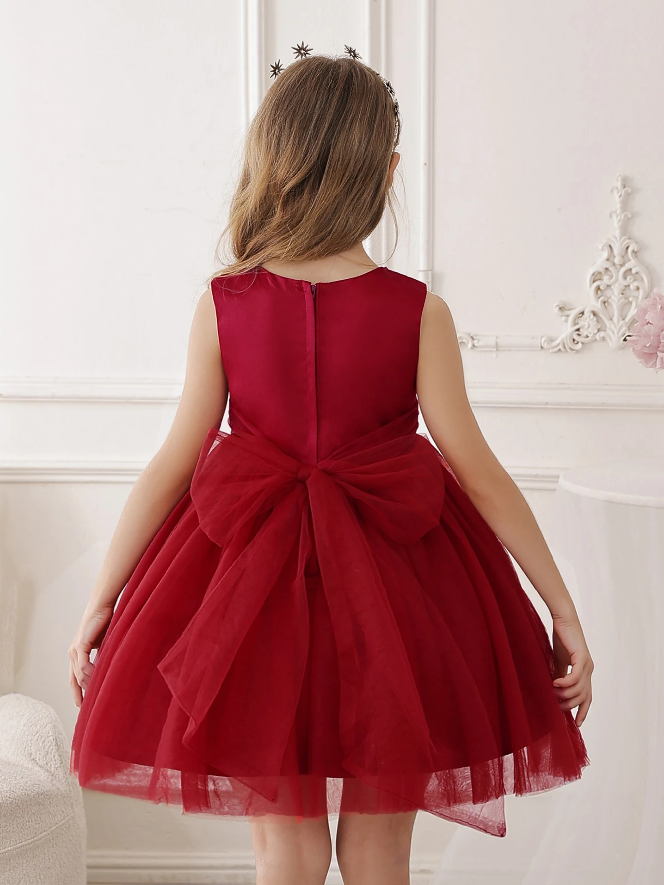 Girls' Christmas Burgundy Dress Suitable for Birthday Parties Weddings and Featuring flower child Gauze Style