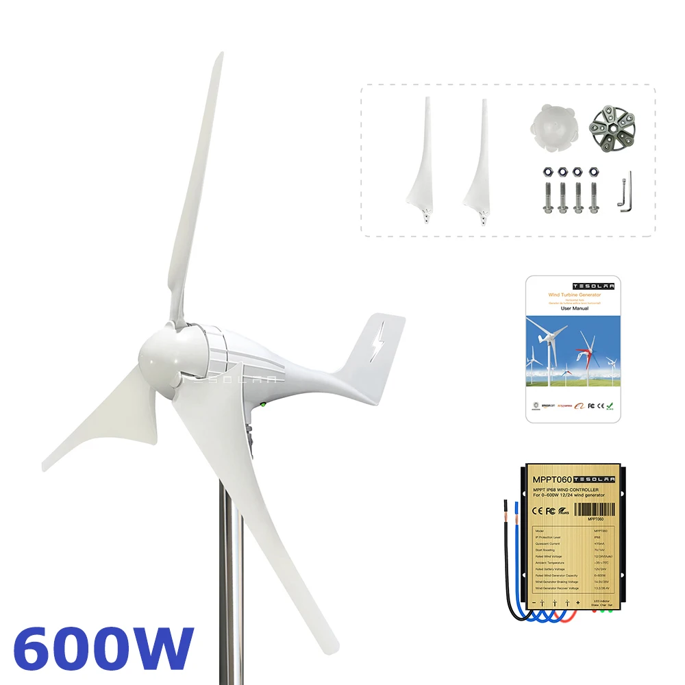 600W Wind Turbine Generator 12V 24V Small Home Windmill 3 or 5 630mm Blades LED Charge Indicator Horizontal Axis Wind Turbine