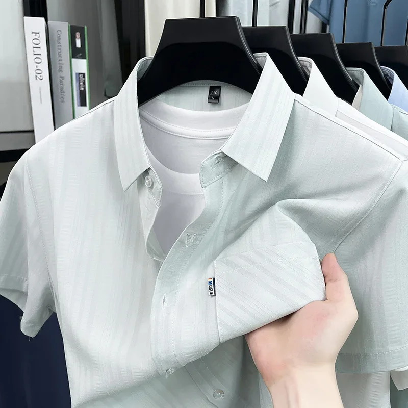 

Mens Short Sleeve Shirt Loose Fit Casual Business Button Up Lapel Collar With Pocket Soft Breathable For Daily Office Use