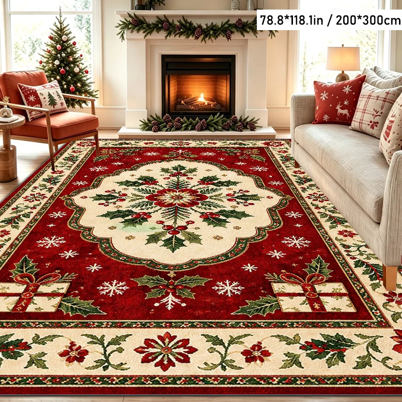 1pc Christmas Holly Gift Box Snowflake Printed Area Rug, 2D Flat Print, Indoor Floor Mat for Living Room, Xmas Home Decor