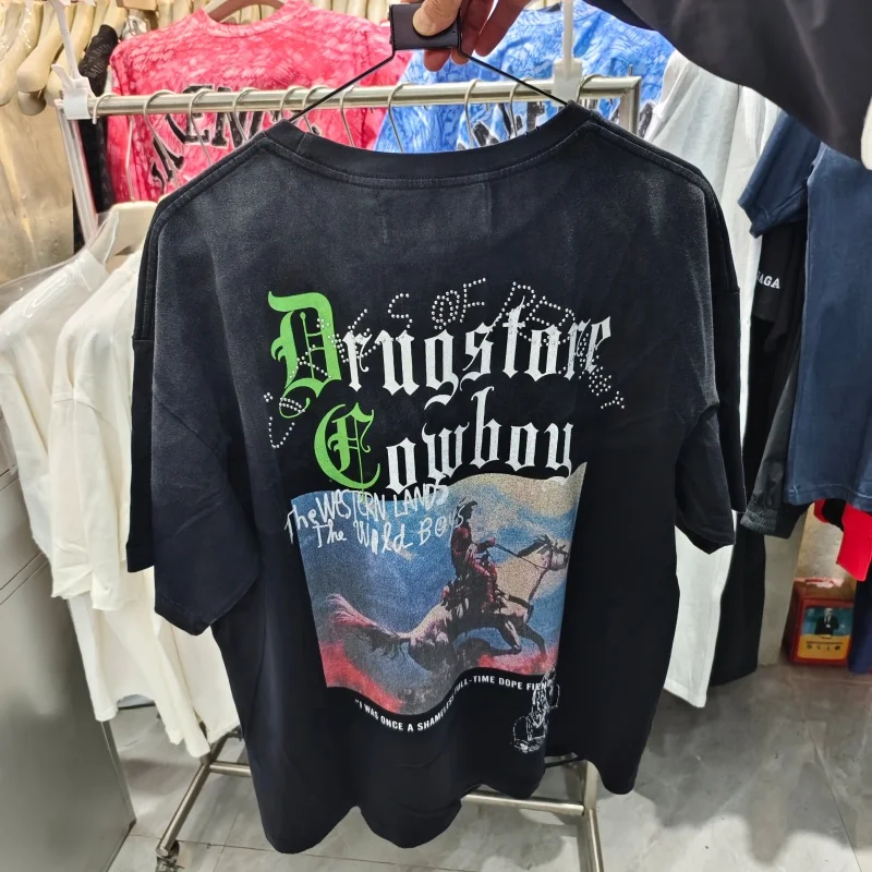 Vintage Drugstore Cowboy Western Graphic Tee Men Oversized Distressed Ripped Edge Washed Streetwear Short Sleeve