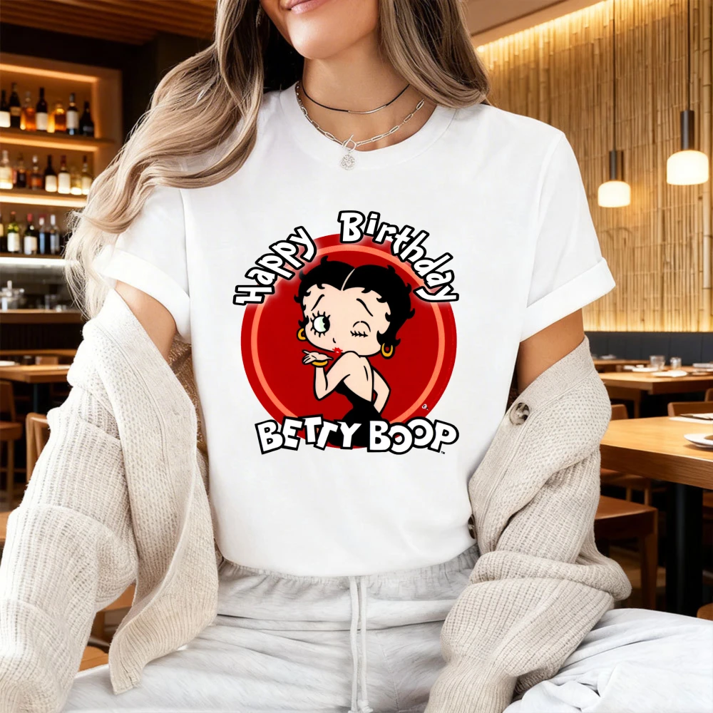 Winking Betty Boop in Red Circle Happy Birthday TShirt Retro Style Women Casual Cotton Short Sleeve Betty Boop Fan Gift Shirt
