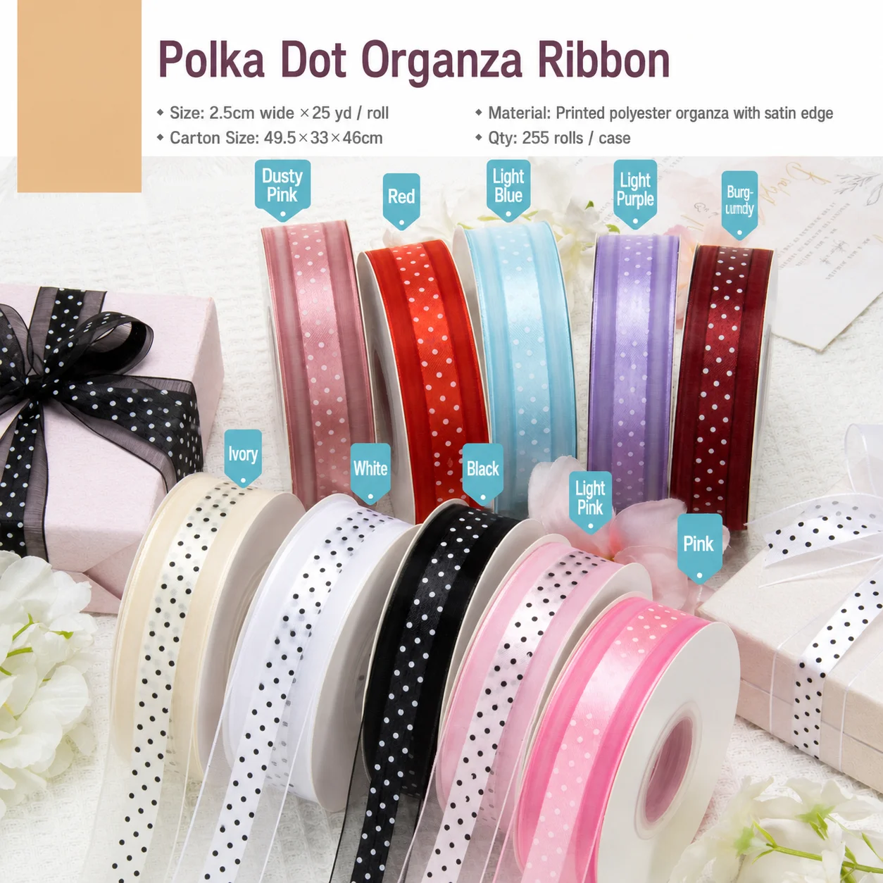 2.5cm Wide 25 Yards per Roll Black Polka Dot Printed Polyester Satin Ribbon for Gift Wrapping Flower DIY Crafts Decoration