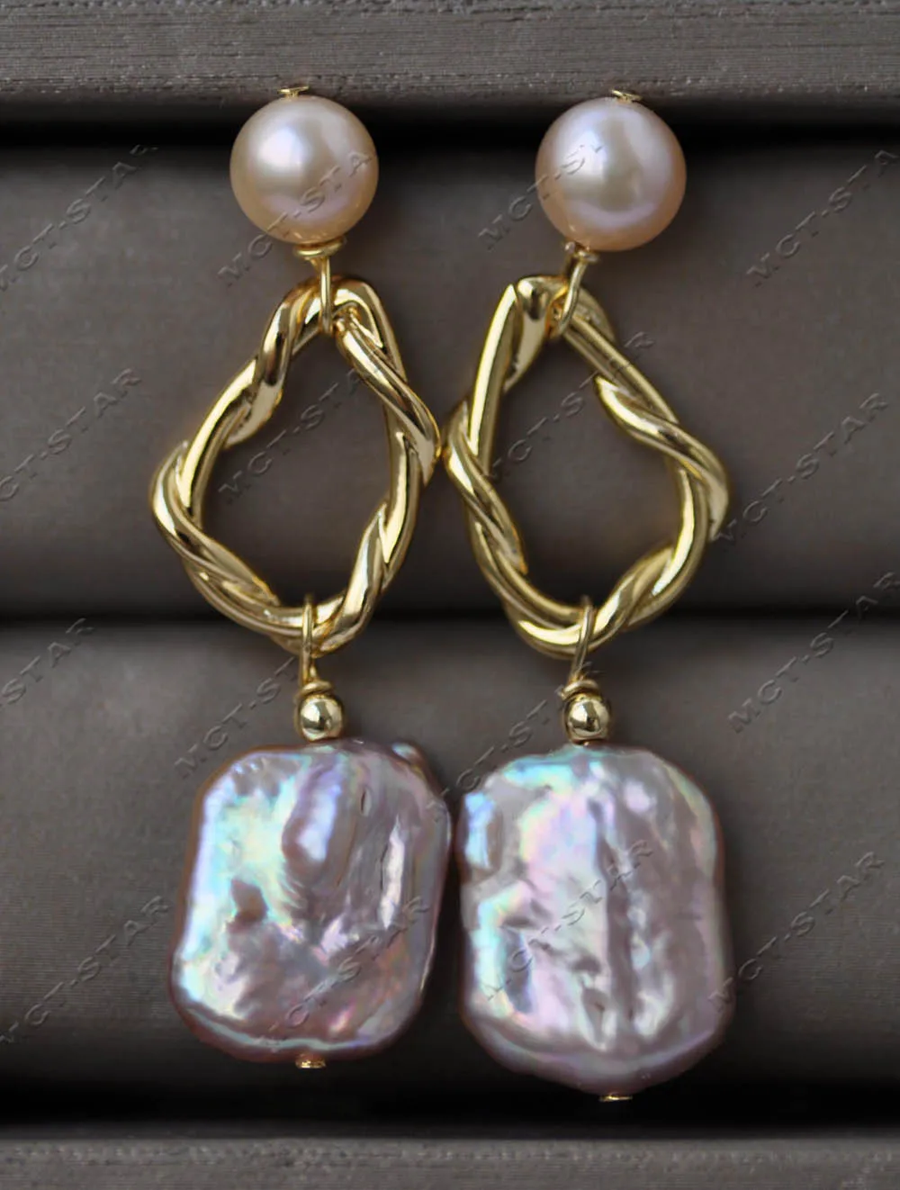 MTC·STAR 17mm Round Square Coin Freshwater Pearl Dangle Earring Custom Jewelry （Z13308）