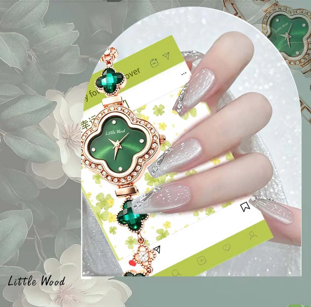 Little Wood Fashionable Women's Quartz Watches Clover-Motif Women's Watches Chalcedony Jewelry Bracelets Luminous High-End Watch