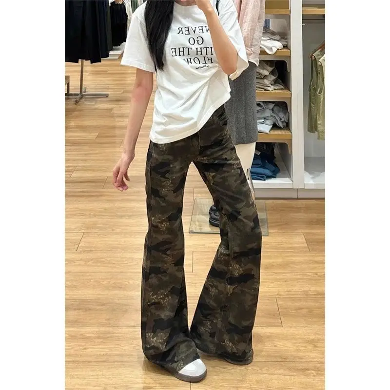 

American High Street Camouflage Workwear Jeans Women's Summer New Vintage High Waist Slimming Micro Flared Pants Trendy