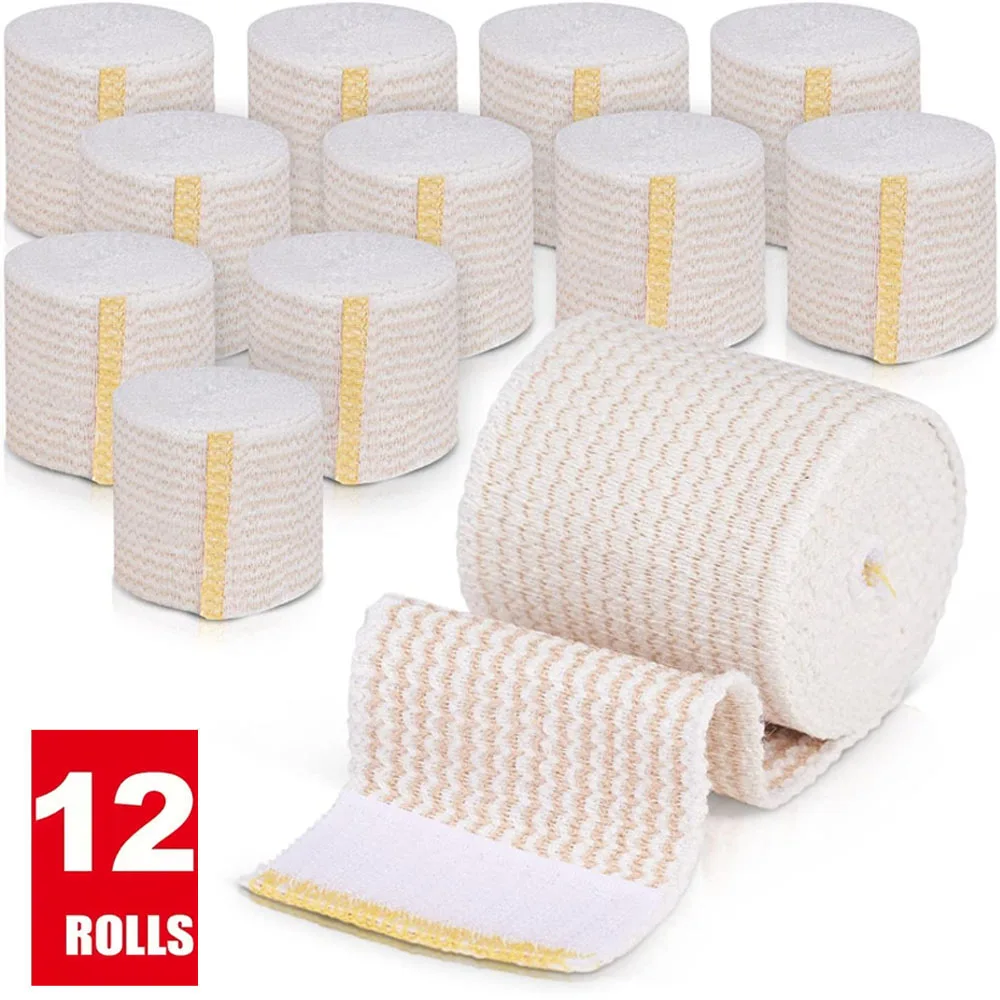12 Rolls Elastic Bandage, 2/3/4/6 Inch x 15 feet Stretched Length with Hook and Loop Closure Compression Bandage for Legs, Knees