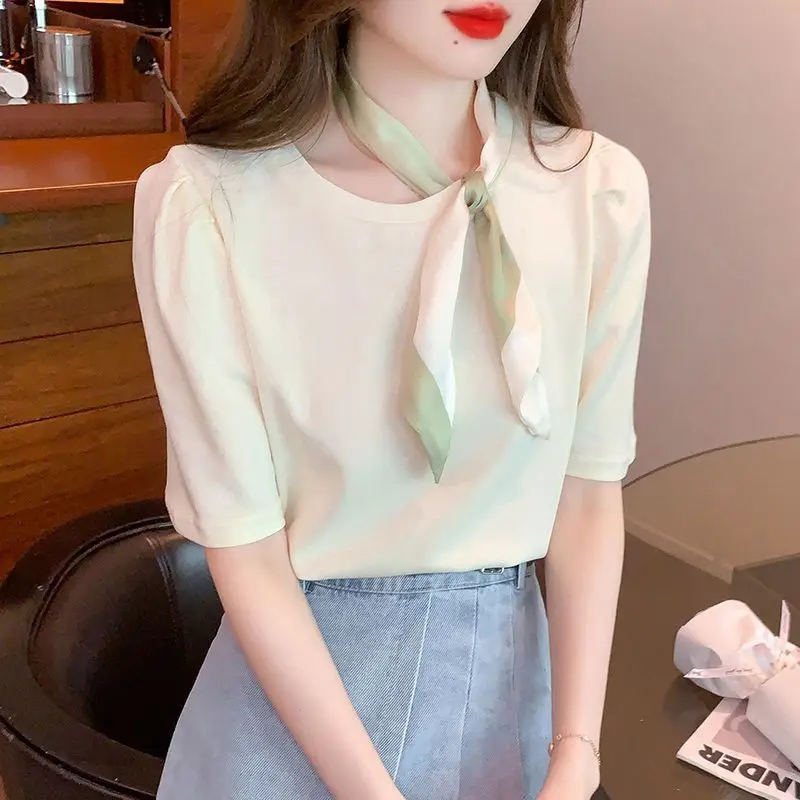 Women Korean Fashion Elegant Chic Lace Up Bow Short Sleeve T-shirt 2024 Summer Casual Sweet Solid Loose Cotton Tops Ropa Mujer