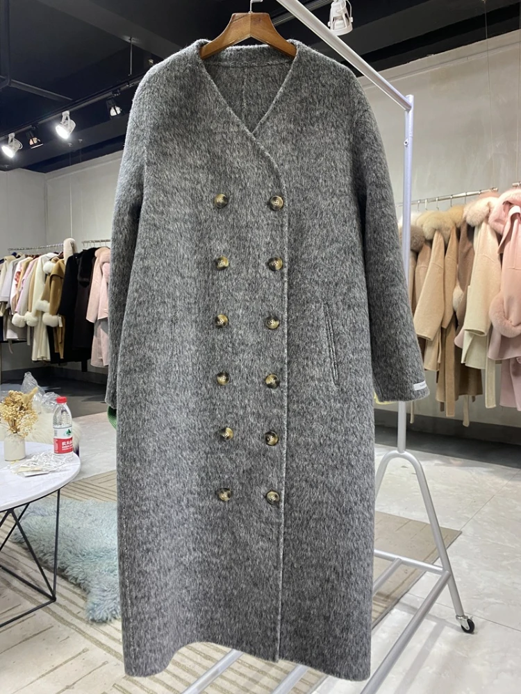 MENINA BONITA 2023 New Double-sided Wool Blends Real Rabbit Fur Coat Winter Jacket Women Double Breasted Long Luxury Streetwear