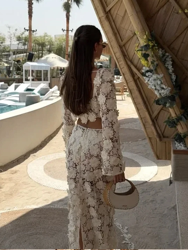 

Women's Elegant Solid Slim 2Pc Sets Sexy Splicing Hollow Out Long Skirt Outfits Fahsion O-neck Crop Tops & Fishtail Skirt Suit