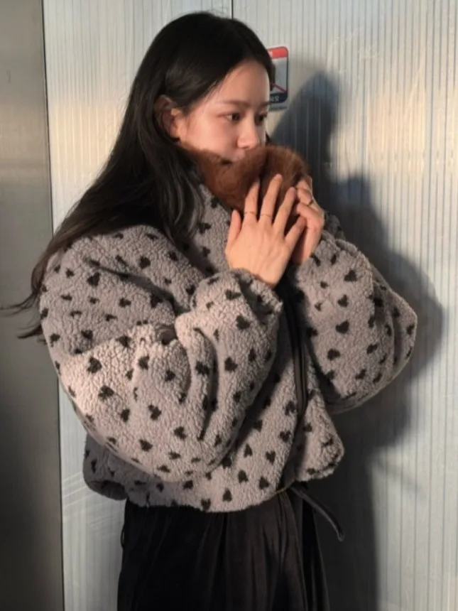 

Faionable ort Lamb Fur Jaet Women's Chic Stand Collar Zipper Cotton Coat Warm Sli Winter Love Heart ape Coat