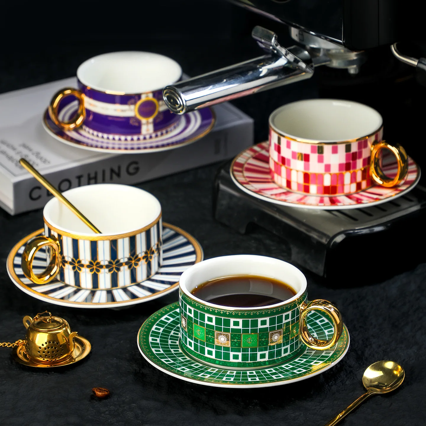 Fine Bone China Coffee Cup & Saucer Set, European Royal Gold Rim Design, Afternoon Tea Cup for Home Kitchen, Housewarming Office