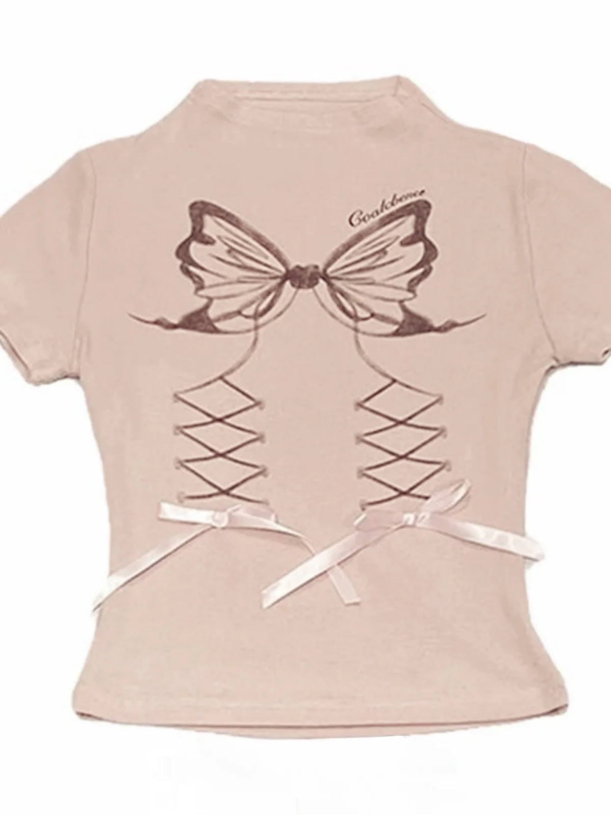 Women's Half-high Collar Short-sleeved Butterfly Printed Bow T-shirts Female Summer Tight-fit Slim Waist-cinching Short Tops