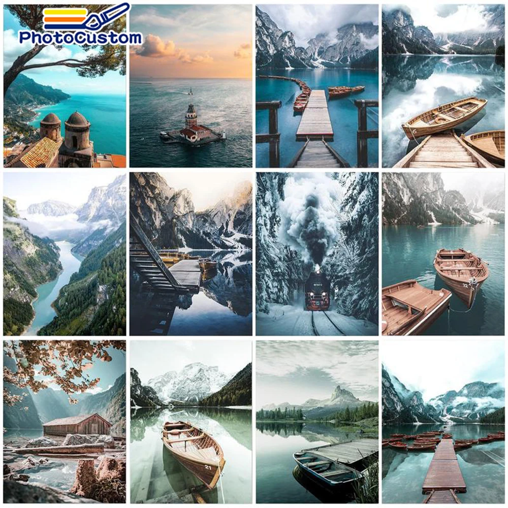 

PhotoCustom Frame DIY Painting By Numbers Ship Landscape Acrylic Paint By Number Handpainted For Adults Home Decor Digital Paint