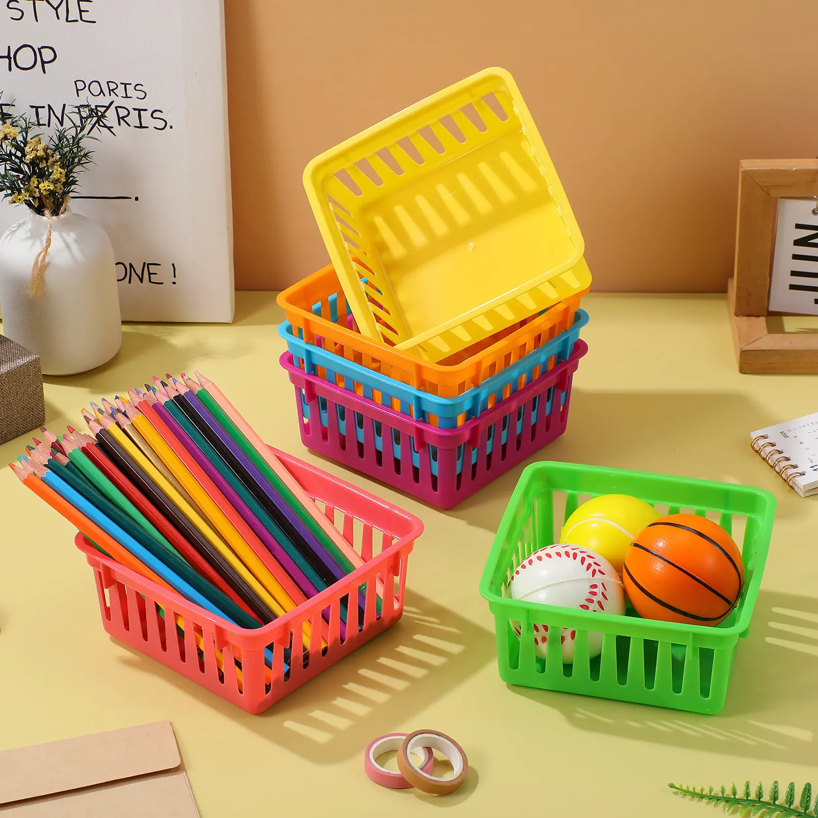 6Pcs Easy-Clean Plastic Pencil Storage Baskets Classroom Desk Organizers Shallow Stackable Bins for Stationery Crayon Organizer